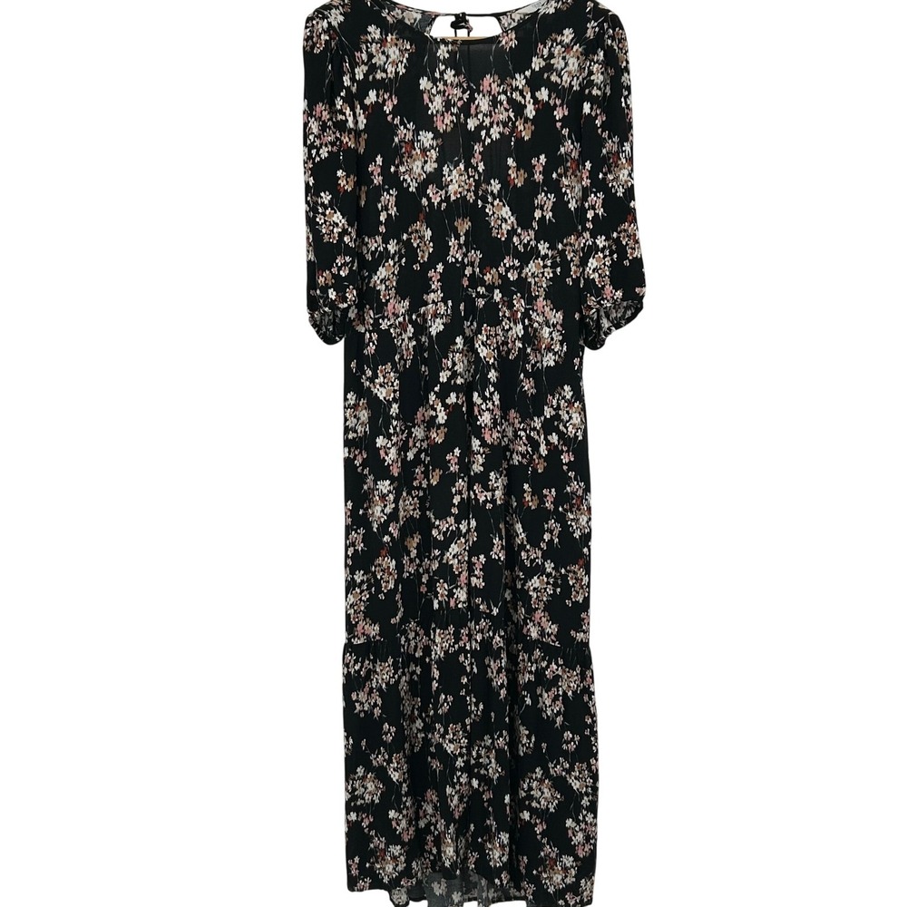 Wms Boho Floral Maxi Dress Black Tiered Smocked Open Back Time and Tru L 12-14
